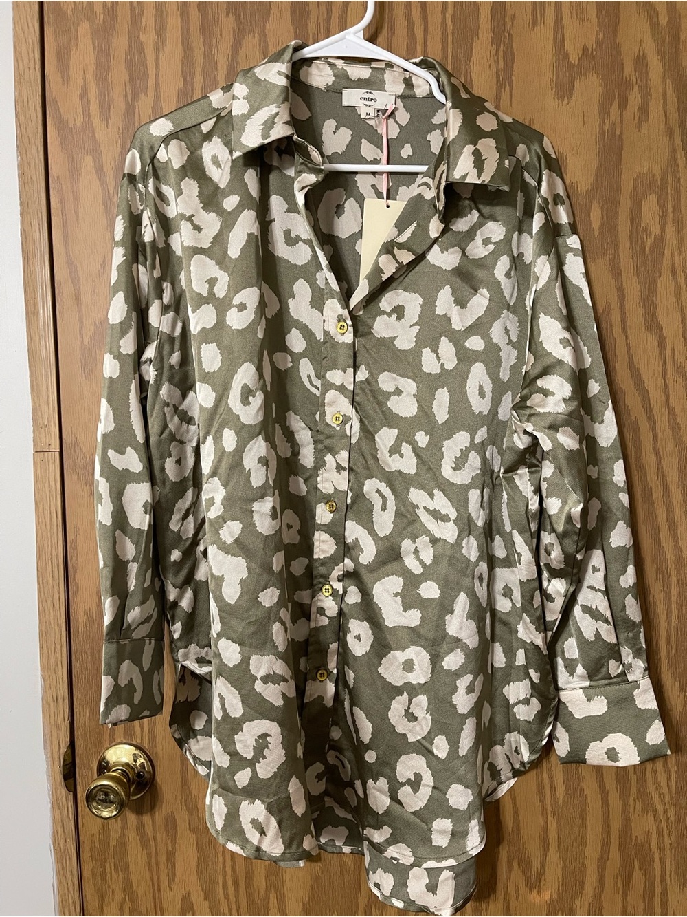 entro Olive and White Leopard Print Button-Up Blouse
